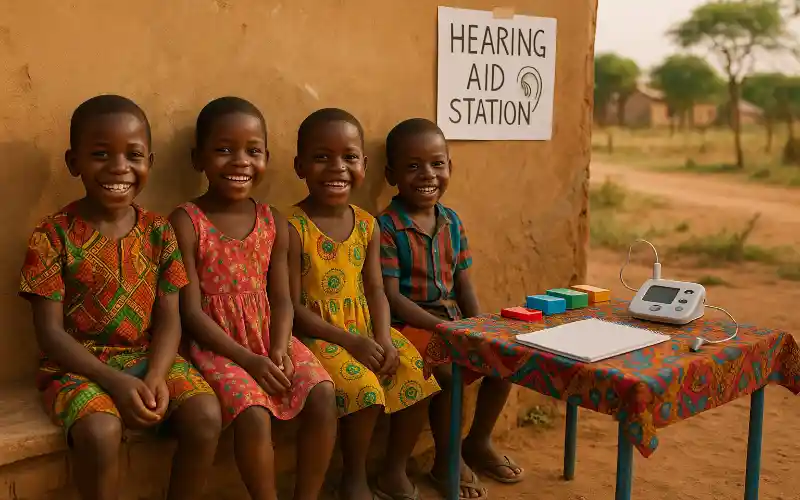 Hilfe für Namibia geht weiter 3 afrikanische Kinder warten an einer Hörgeräte-Station