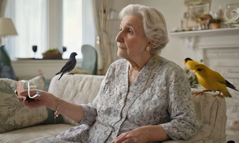 Eine alte Dame sitzt im Wohnzimmer auf einer Couch und legt ihr Hörgerät ab