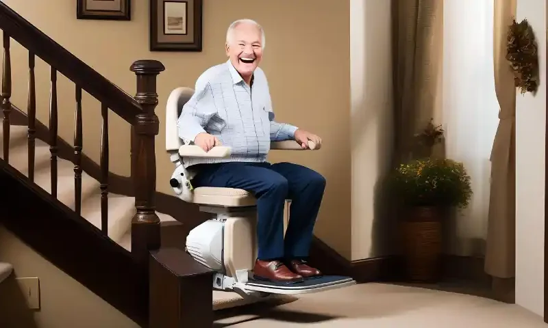 Ein älterer Herr freut sich über seinen Treppenlift