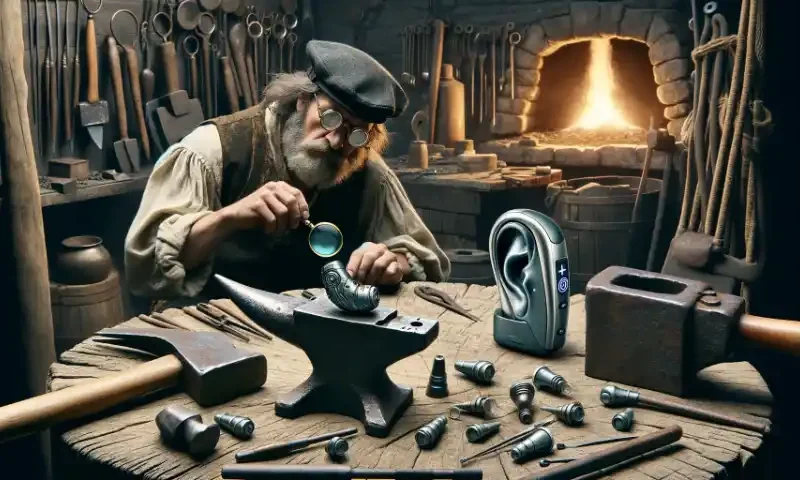Hörgeräte reparieren. Das Bild zeigt in einem düsteren Ambiente, das an die vorindustrielle Zeit erinnert, einen Mann mit einer Lupe, der ein hochmodernes Hörgerät zur Reparatur vor sich liegen hat.