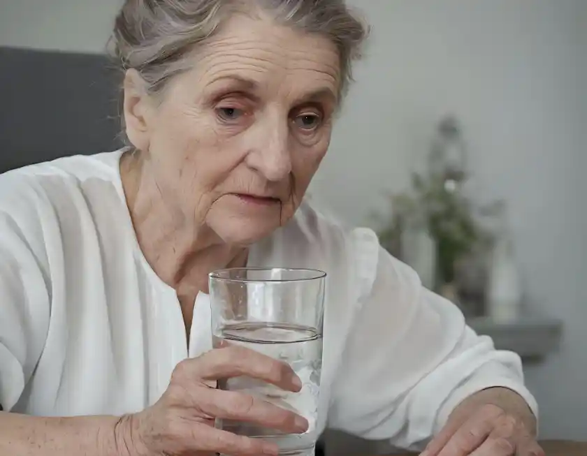 Alte Dame mit einem Wasserglas
