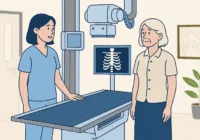 Hörgeräte beim Röntgen ablegen? Eine Patientin und eine Röntgen-Assistentin neben einem Röntgengerät