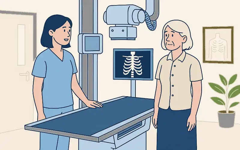 Hörgeräte beim Röntgen ablegen? Eine Patientin und eine Röntgen-Assistentin neben einem Röntgengerät