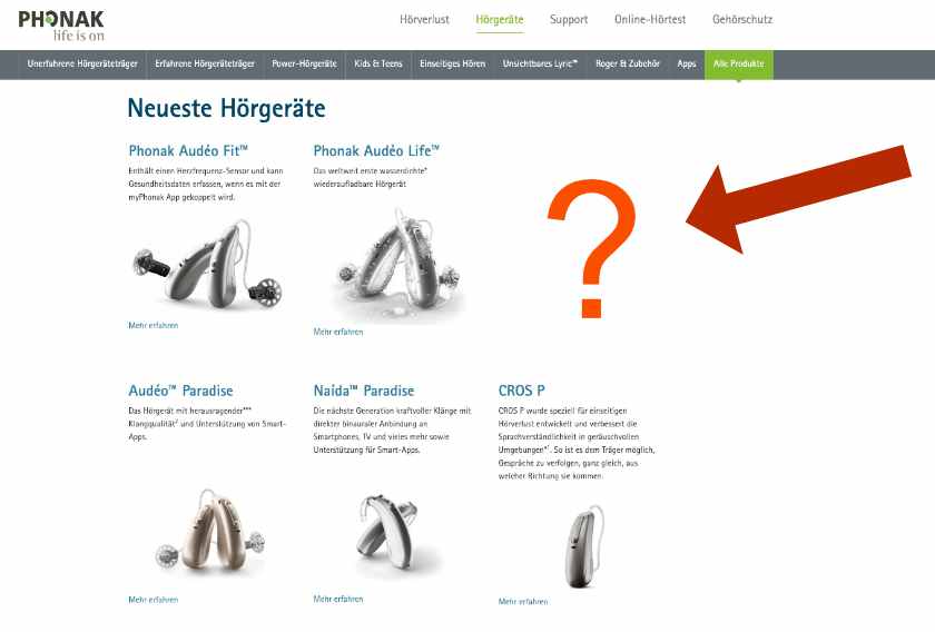Foto von der Webseite der Firma Phonak. Zu sehen sind verschiedene Hörgeräte