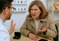 eine unzufriedene Dame diskutiert mit einem Hörakustiker