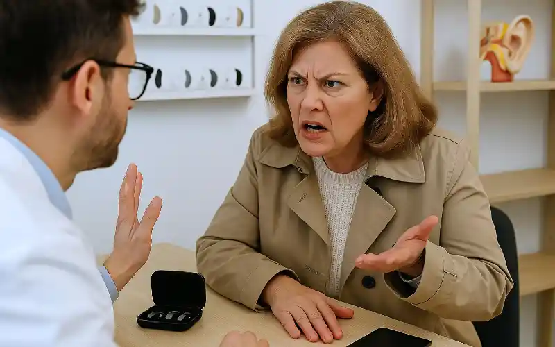 eine unzufriedene Dame diskutiert mit einem Hörakustiker